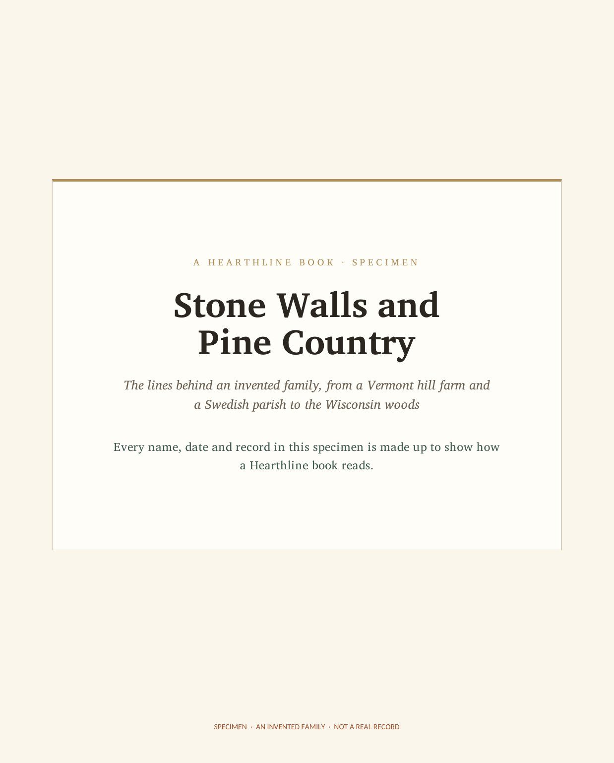 Specimen title page: Stone Walls and Pine Country, a Hearthline book for an invented family.
