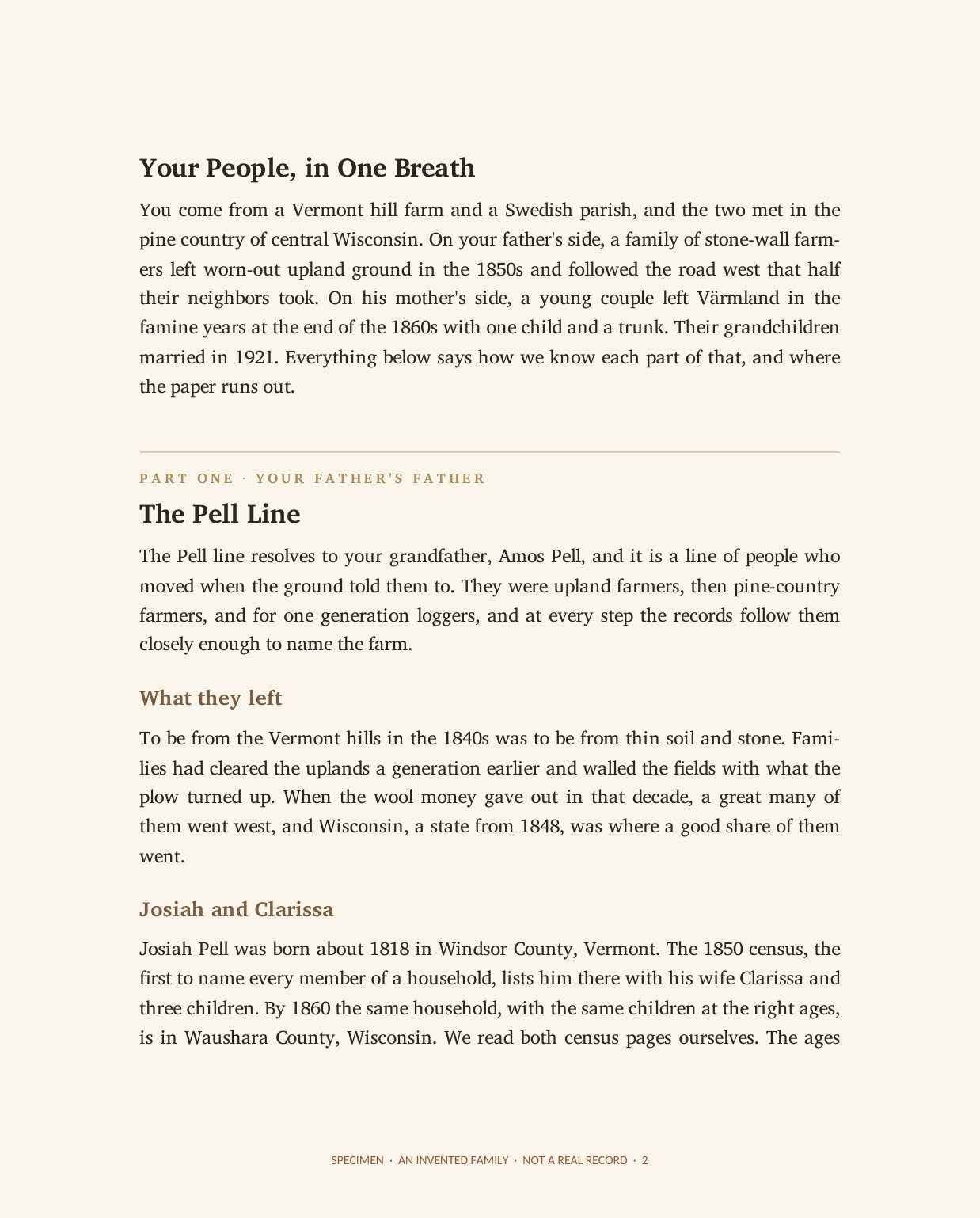 Specimen page: the family in one paragraph, then the opening of the first line.