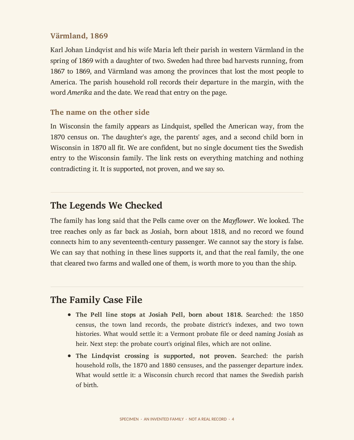 Specimen page: an emigration link called supported but not proven, a family legend checked, and the start of the Case File.